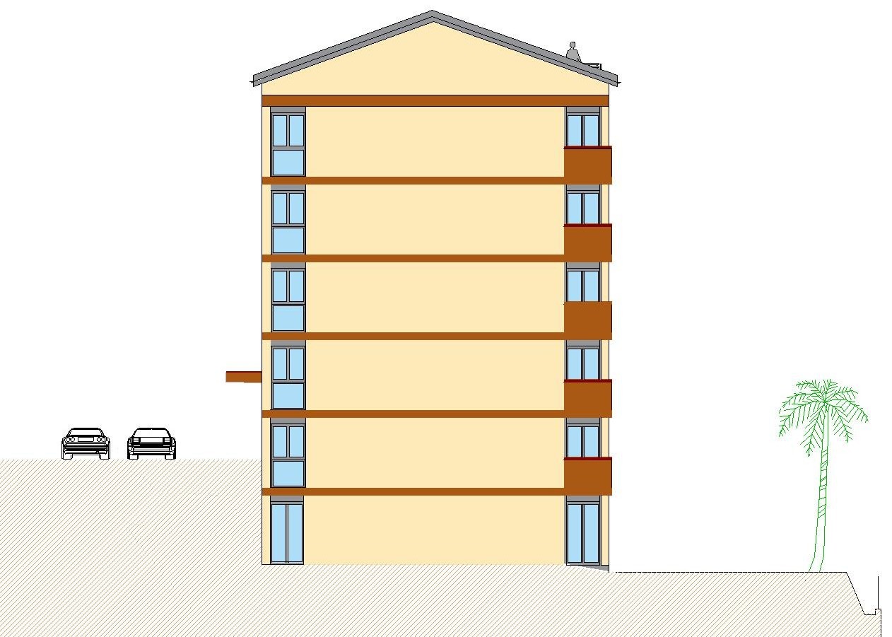 Side elevation · the building follows the slope